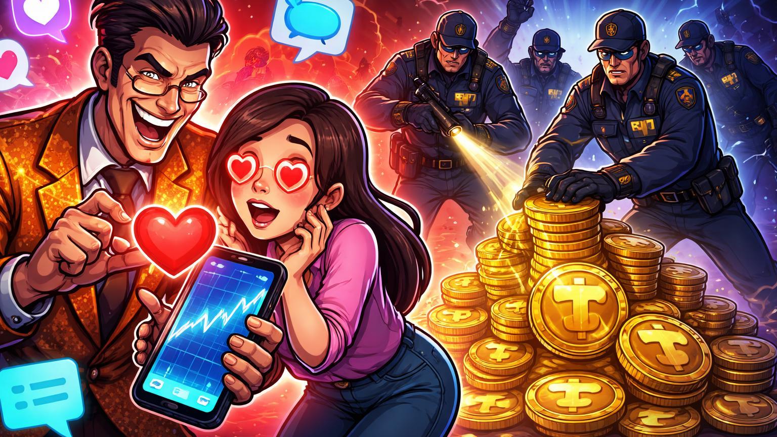 Golpista cartoon seduzindo vítima com coração falso e gráfico cripto, enquanto agentes FBI confiscam pilha de USDT em cena de scam pig butchering