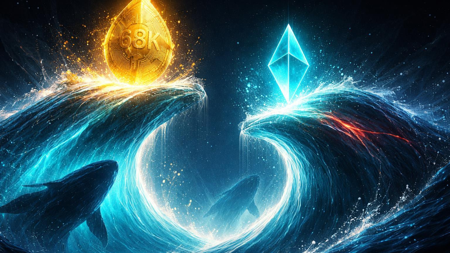 Silhuetas de baleias digitais impulsionando ondas com cristais BTC 68K e ETH elevados, simbolizando rally de US$ 150 bi com riscos sutis