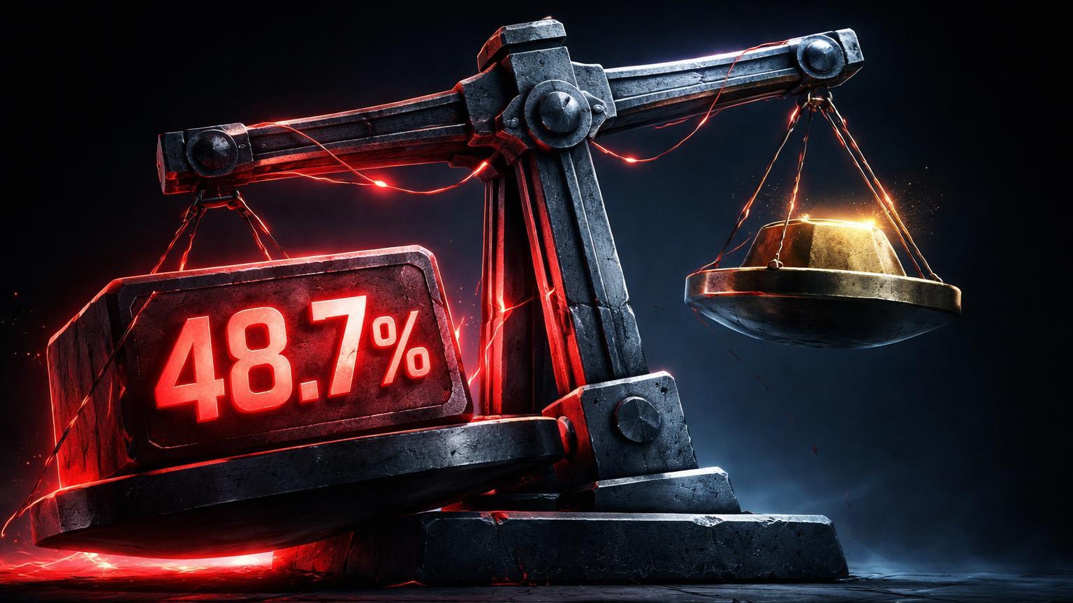 Balança brutalista com bloco vermelho '48.7%' pesado quase tombando, sinalizando alto suprimento de Bitcoin em perda próximo a fundo histórico