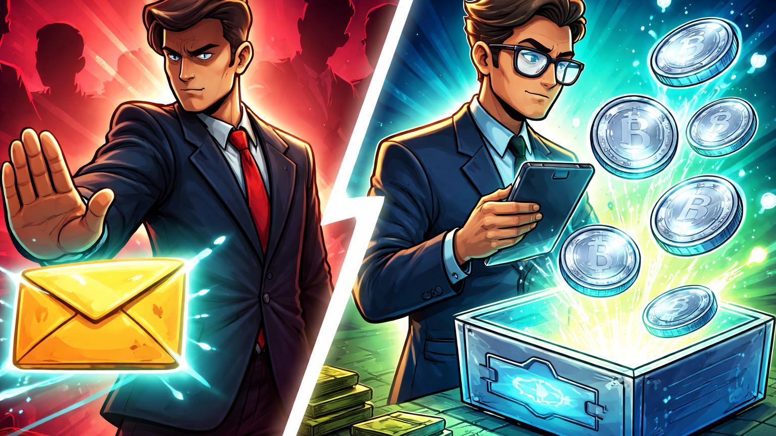 Político cartoon bloqueando envelope de doações cripto enquanto regulador abre sandbox de stablecoins, ilustrando regulação mista no Reino Unido