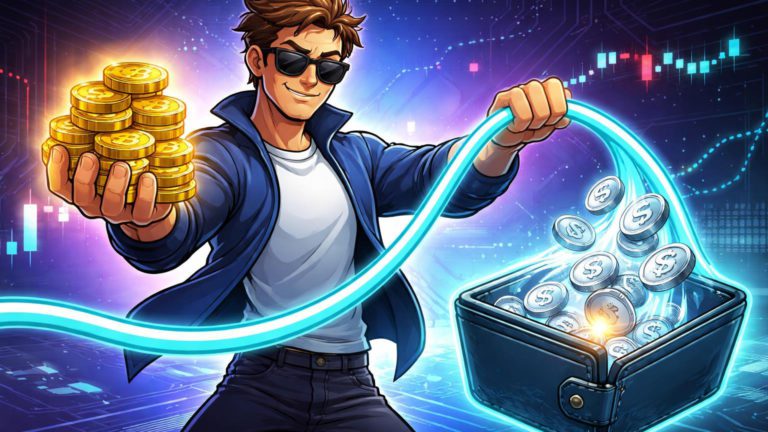 Trader cartoon confiante puxando linha flexível cyan que despeja stablecoins enquanto segura cripto, simbolizando empréstimo Flexline da Kraken