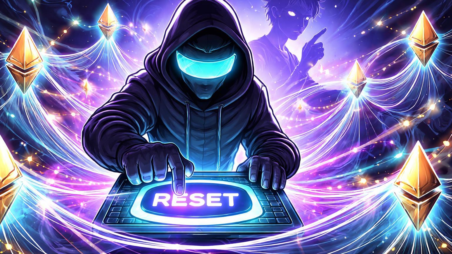 Personagem cypherpunk cartoon ativando reset em rede Ethereum com silhueta de Vitalik, simbolizando foco em privacidade no DeFi