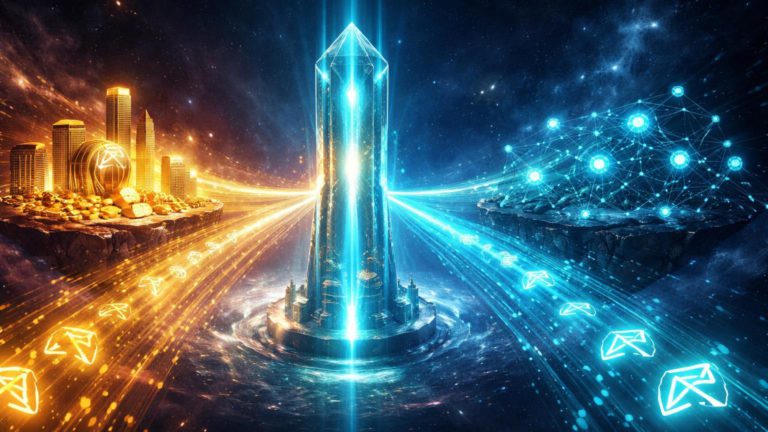 Torre de oráculo conectando ilha de ativos reais dourados a rede blockchain cyan com fluxos de dados RWA, simbolizando tokenização acelerada