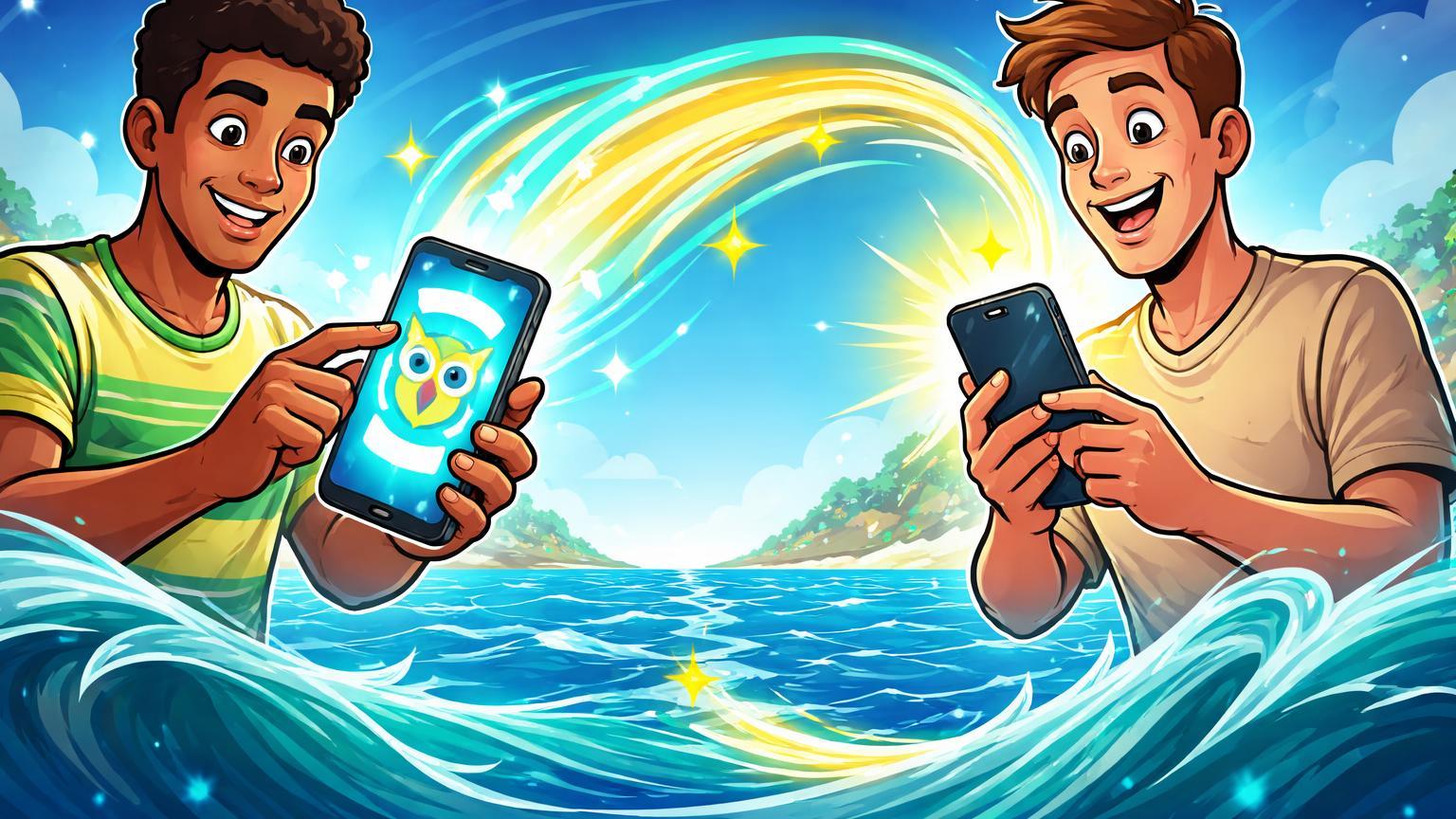 Usuários cartoon brasileiro e internacional conectados por fluxo de energia blockchain sobre oceano, ilustrando remessas baratas via OwlPay Cash