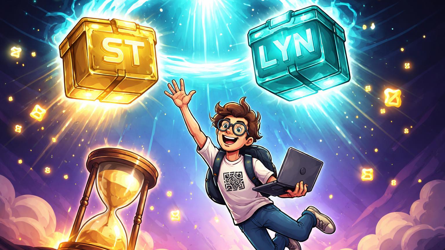 Iniciante cartoon pulando para pegar pacotes airdrop ST e LYN de portal cyan, com pontos Alpha e ampulheta, guiando resgate na Binance Alpha