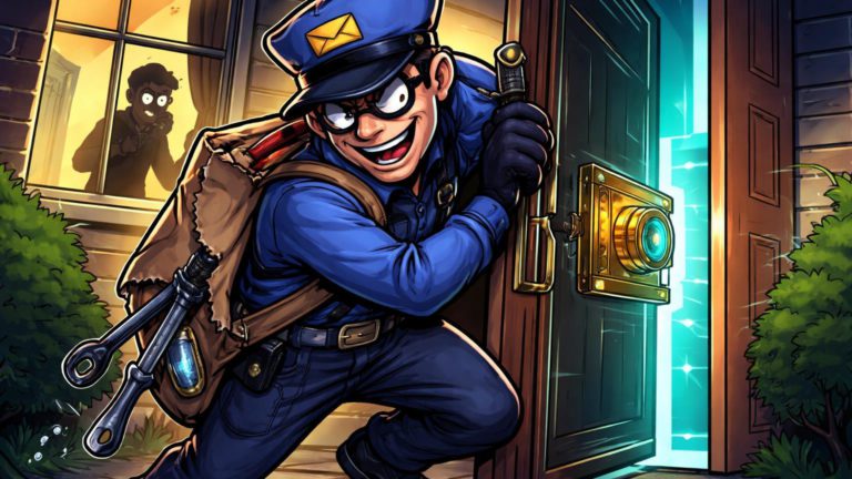 Ladrão disfarçado de carteiro cartoon forçando entrada em casa com cofre Bitcoin, alertando sobre ataques físicos a investidores cripto