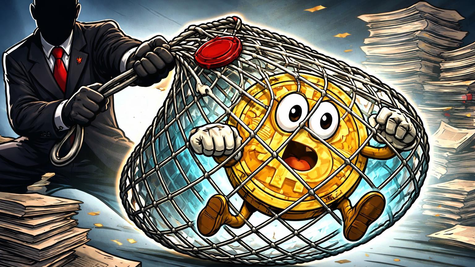 Governante cartoon autoritário capturando Bitcoin fugitivo com rede regulatória, ilustrando lei de confisco na Rússia