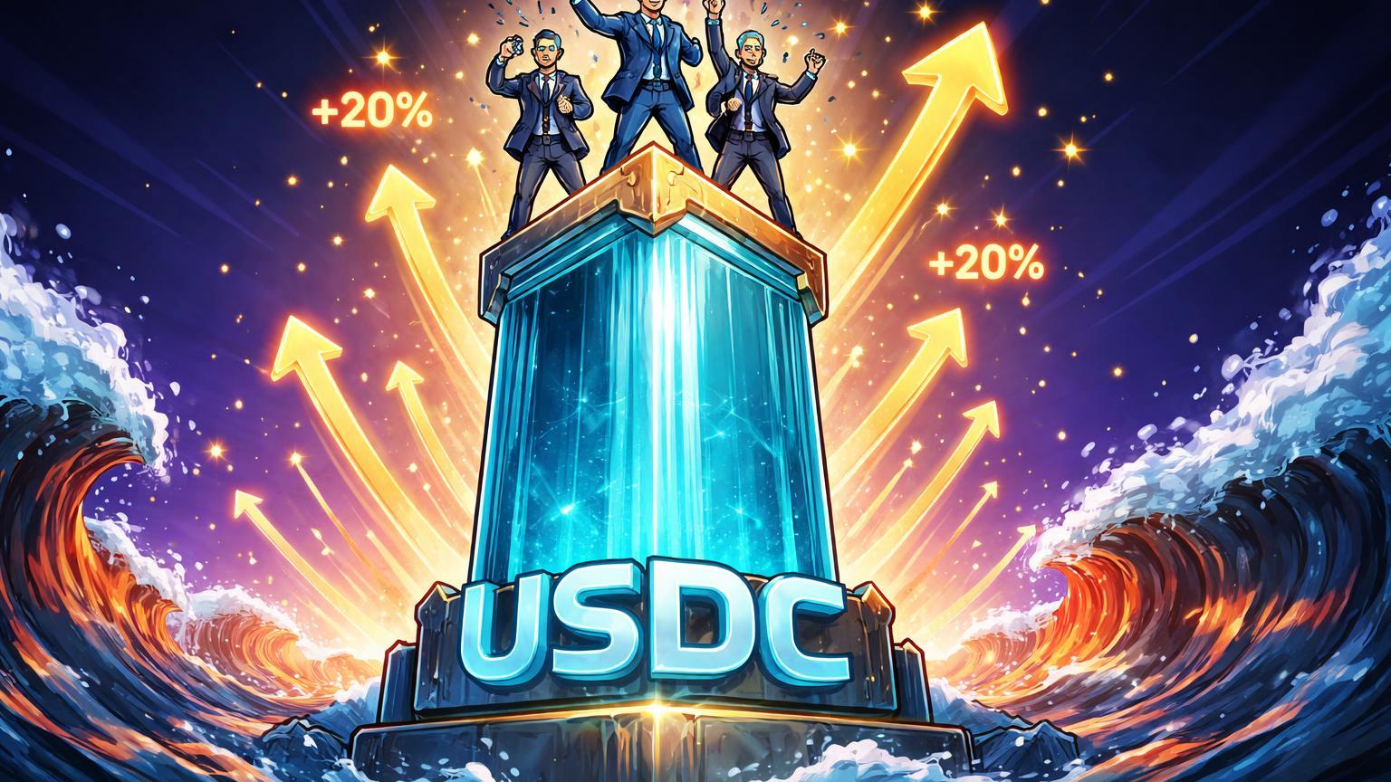 Executivos cartoon celebrando no topo de pilar USDC crescente em ondas turbulentas, simbolizando recorde de receita e market cap de 75 bi