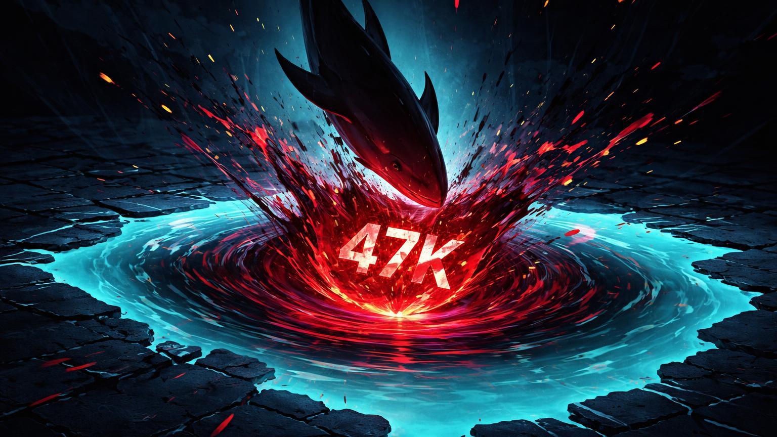 Silhueta de baleia mergulhando em poça rasa de liquidez cyan, gerando espiral vermelho com 47K distorcido, simbolizando flash crash no BTC da DEX Lighter