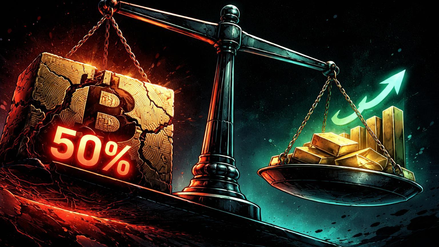 Balança desbalanceada com bloco Bitcoin rachado marcado '50%' afundando versus ouro e S&P subindo, simbolizando capitulação e pressão bearish no BTC