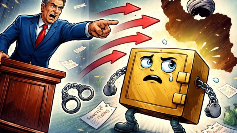 Senador cartoon acusando caixa-forte exchange com setas vermelhas para Irã, ilustrando investigação do Senado EUA por sanções violadas