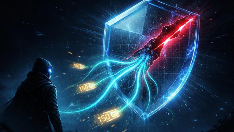 Escudo digital rachado com tentaculos de rede neural IA sugando fragmentos 150 GB, ilustrando hack governamental e riscos para cripto