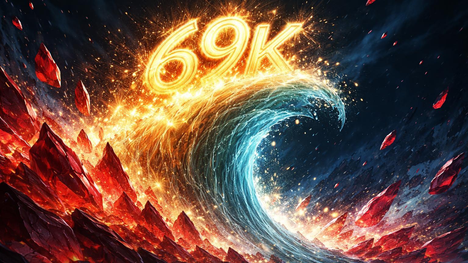 Onda dourada esmagando cristais vermelhos com 69K na crista, simbolizando short squeeze do Bitcoin liquidando US$ 400 milhões