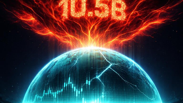 Cúpula cyan sob pressão vermelha massiva com '10.5B' integrado, simbolizando vencimento de opções de Bitcoin e riscos de volatilidade