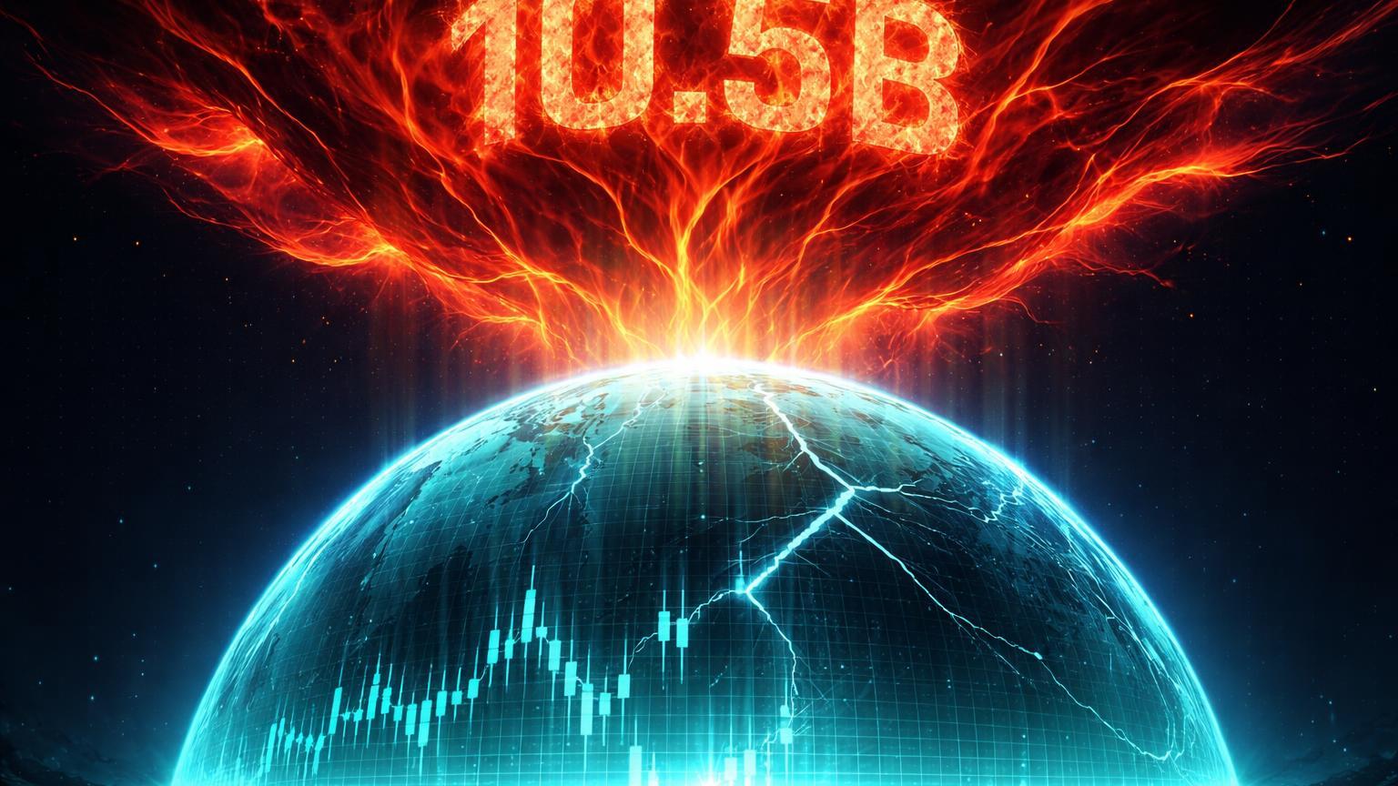 Cúpula cyan sob pressão vermelha massiva com '10.5B' integrado, simbolizando vencimento de opções de Bitcoin e riscos de volatilidade