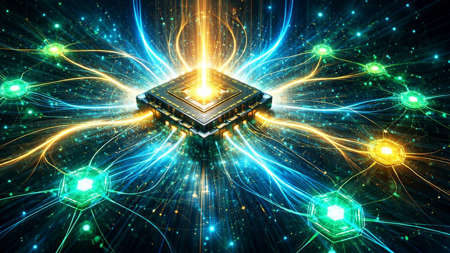 Chip de IA emitindo pulsos de energia cyan e dourada para rede neural de nodes cripto glowing, simbolizando impulso da Nvidia em criptomoedas IA