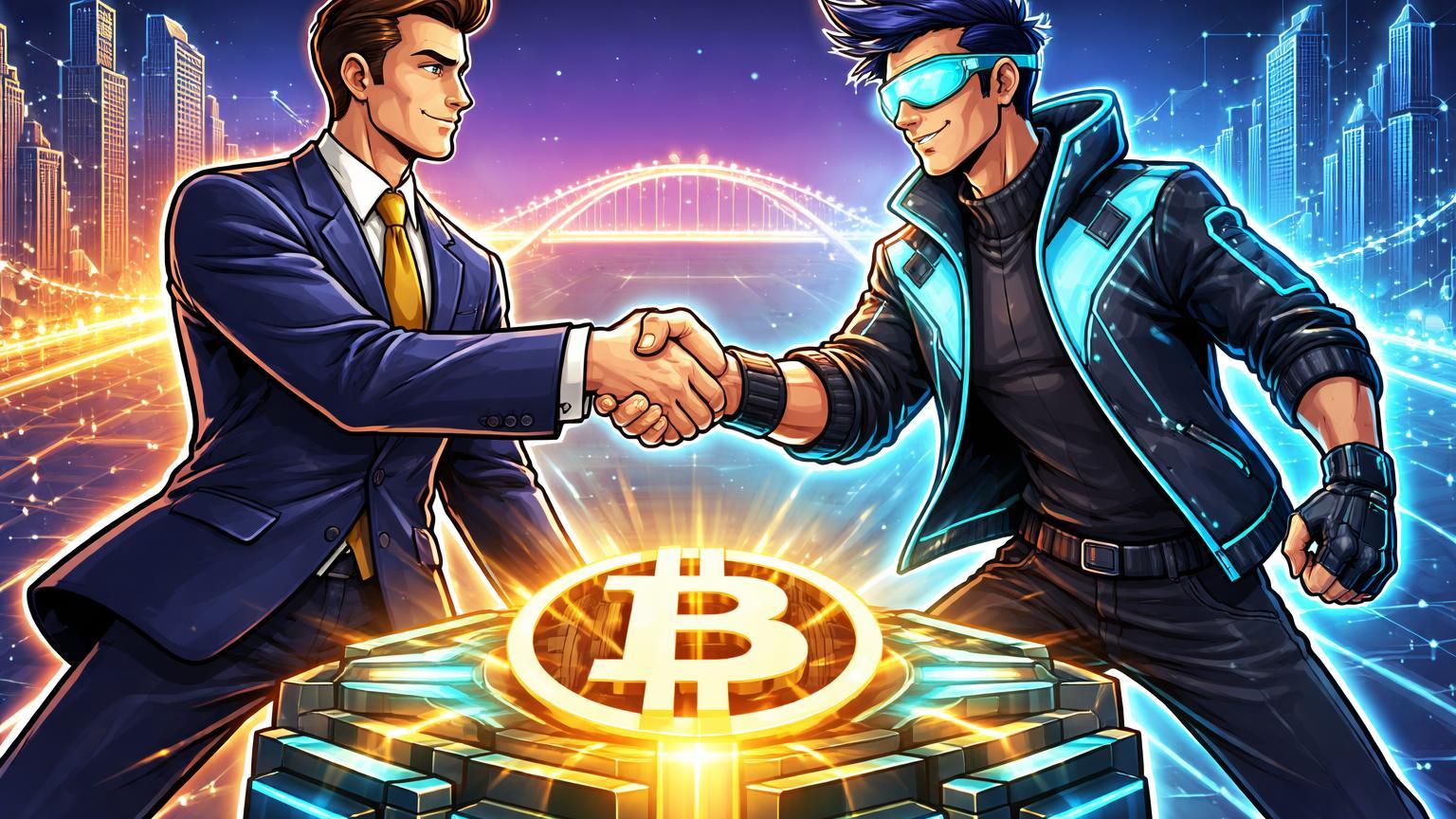 Executivo bancário e figura tech cartoon apertando mãos sobre símbolo BTC, simbolizando adoção institucional de Bitcoin pela Morgan Stanley via E-Trade