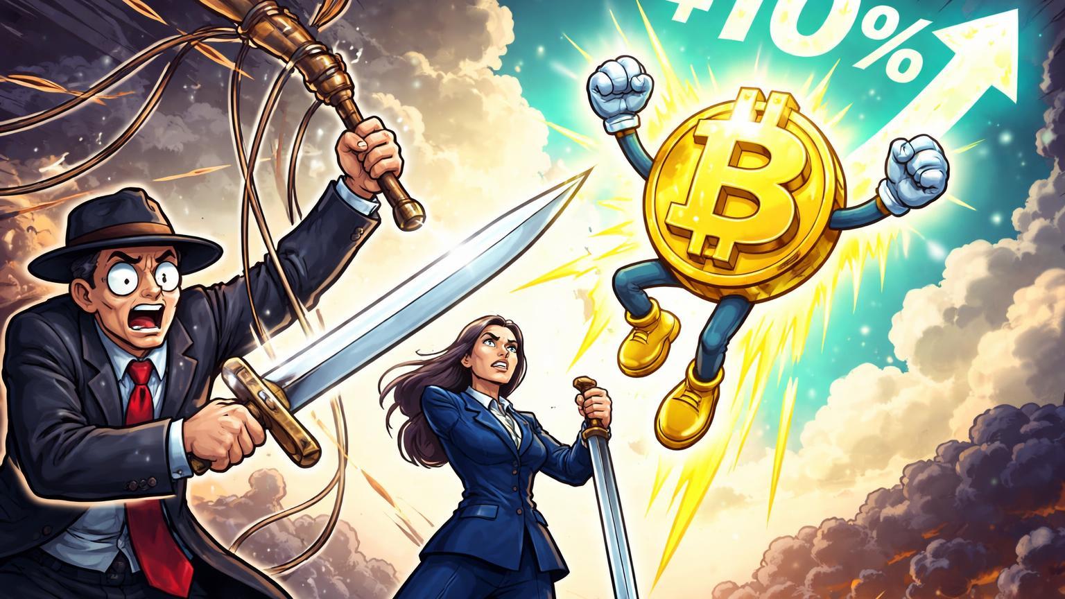 Titereiro cartoon manipulador com cordas cortadas por justiça, libertando Bitcoin ascendente com +10%, fim de pressão no mercado
