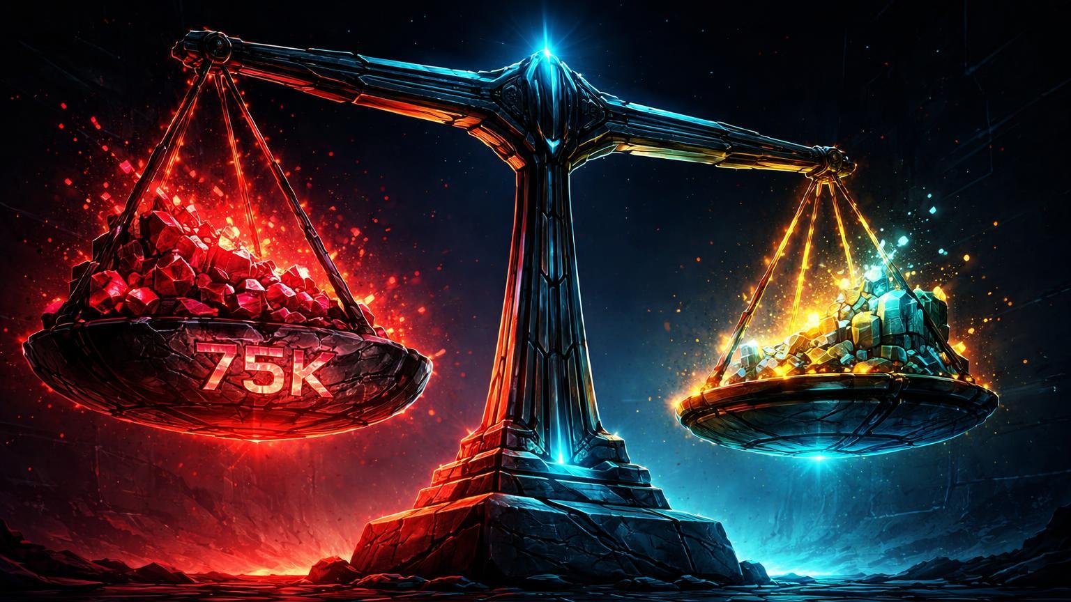 Balança digital brutalista tensa, lado Max Pain com 75K pesando para baixo contrabalançado por influxos ETF dourados, sinalizando volatilidade em expiração de opções BTC