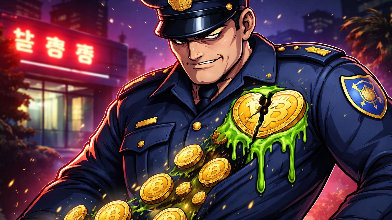 Policial cartoon com distintivo rachado por veneno verde e BTC caindo do bolso, simbolizando roubos e crimes cripto na Coreia do Sul