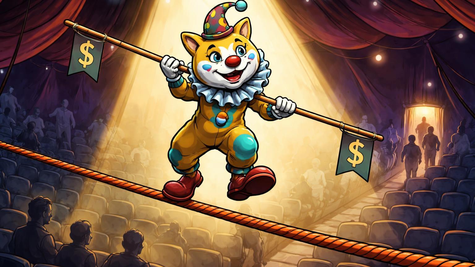 Palhaço Dogecoin cartoon equilibrando em corda bamba ascendente com plateia vazia saindo, simbolizando alta irônica sem interesse em memecoins
