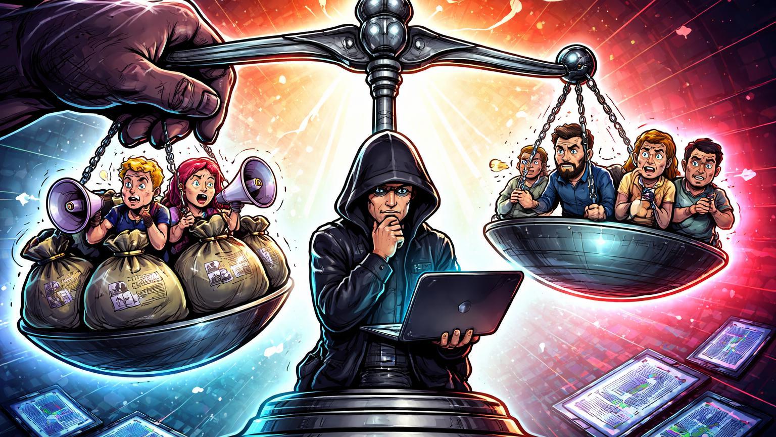 Balança da justiça digital desequilibrada com influencers cartoon punidos por insider trading, ZachXBT em dilema e riscos para investidores comuns