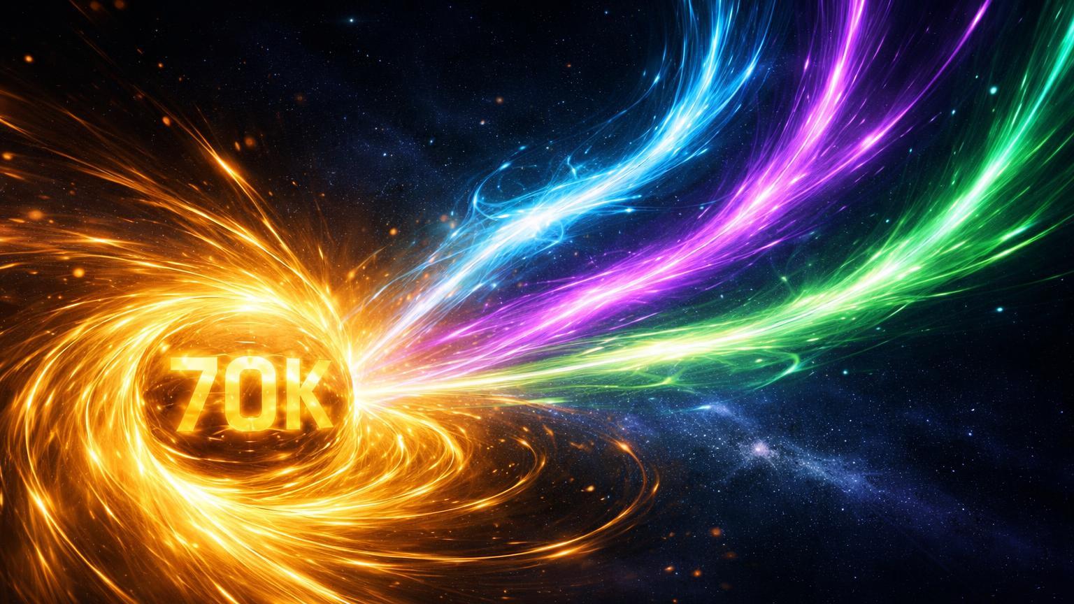 Onda dourada de Bitcoin com 70K ramificando em fluxos cyan, roxo e verde para altcoins ETH, SOL e ADA liderando recuperação