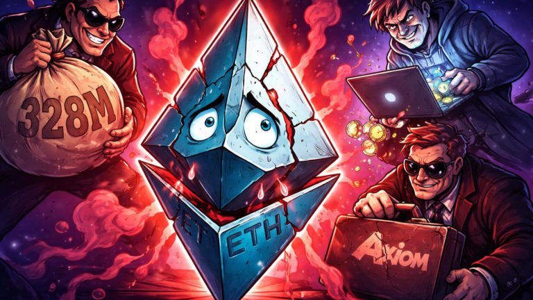Prisma Ethereum cartoon rachado com olhos preocupados, cercado por vilões representando Axiom, Ponzi e vendas de insider, ilustrando crise de confiança