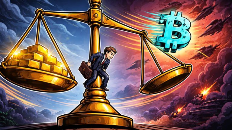 Balança cartoon desequilibrada com ouro pesado afundando e Bitcoin leve elevado por tempestade geopolítica, simbolizando fuga para ativos defensivos