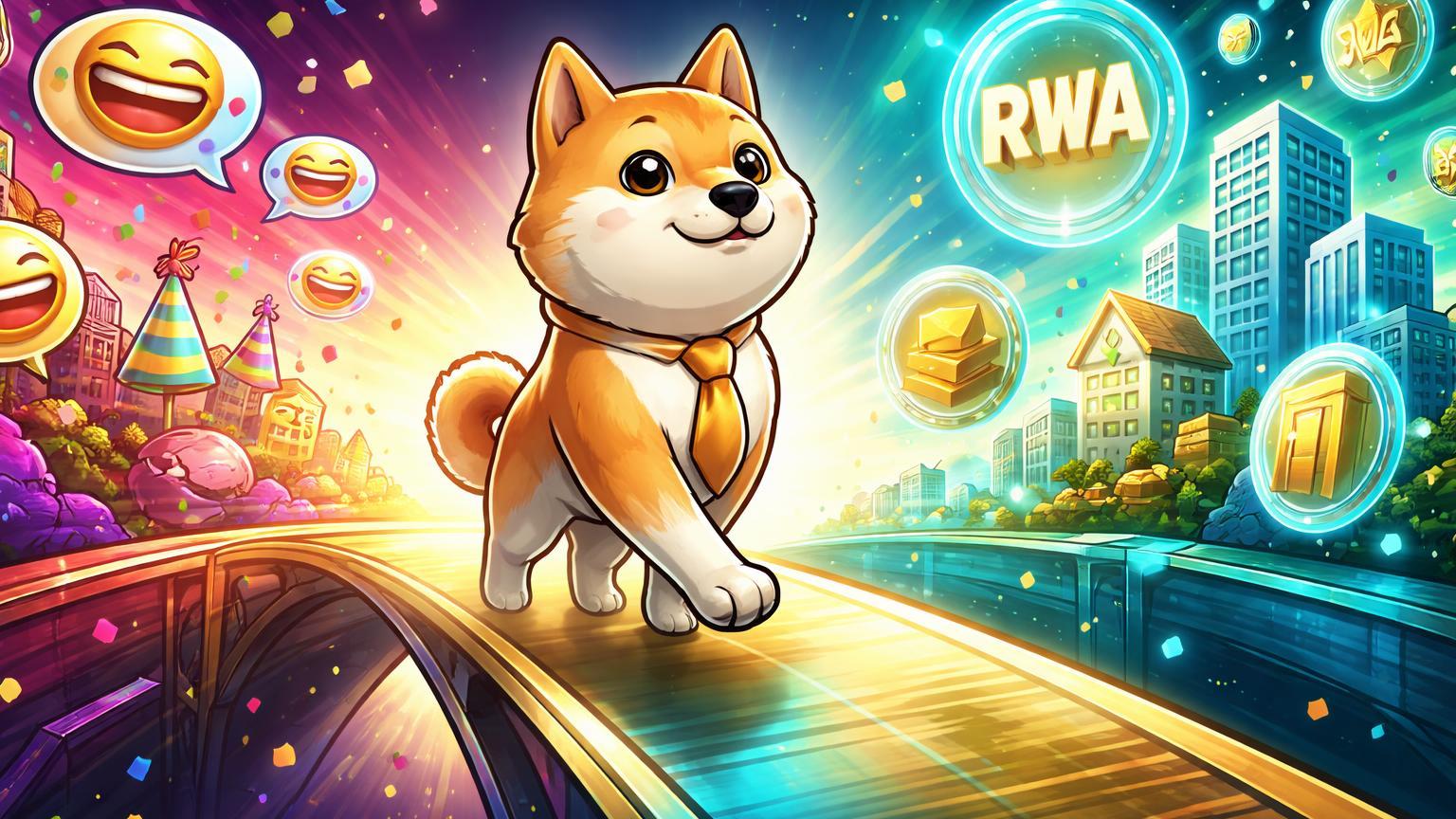 Personagem Doge cartoon cruzando ponte para mundo de tokens RWA institucionais, simbolizando evolução de meme coin para maturidade cripto