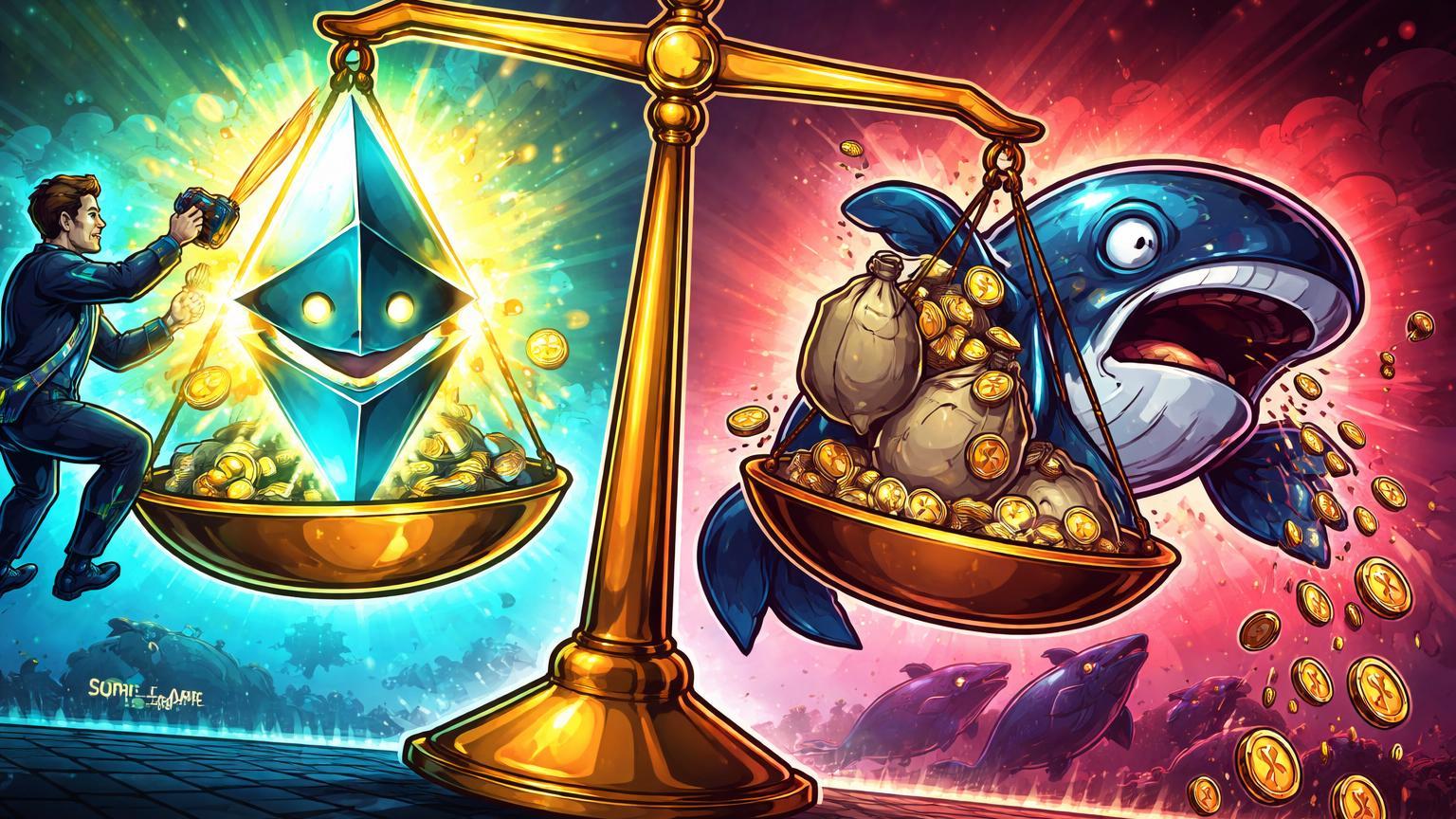 Balança editorial com influxo de ETFs elevando prisma ETH contra baleia despejando moedas, simbolizando entradas vs vendas perdedoras de FG Nexus