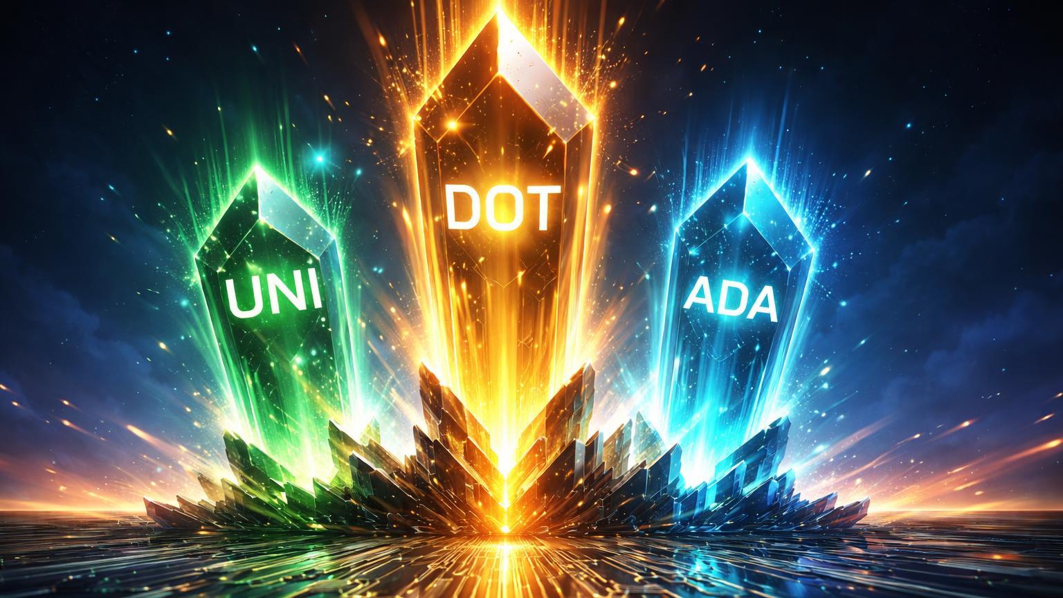 Cristais prismáticos DOT, UNI e ADA elevando-se com brilho dourado, verde e ciano, simbolizando altas acima de 12% em altcoins por fundamentos sólidos