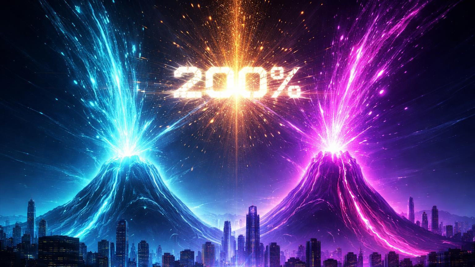Erupções neon cyan e magenta de skyline asiático com 200% glow, simbolizando explosão de volumes de XRP e Centrifuge em exchanges da Ásia