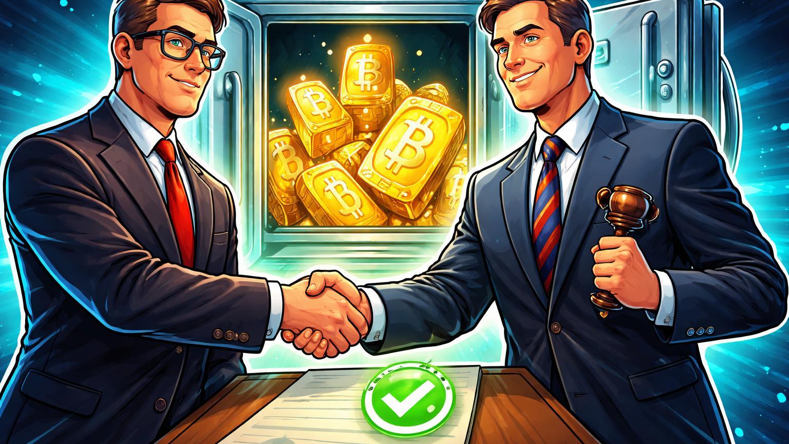 Gestor de pensão e regulador cartoon apertando mãos sobre documento aprovado, com cofre revelando Bitcoin, simbolizando aprovação em Indiana