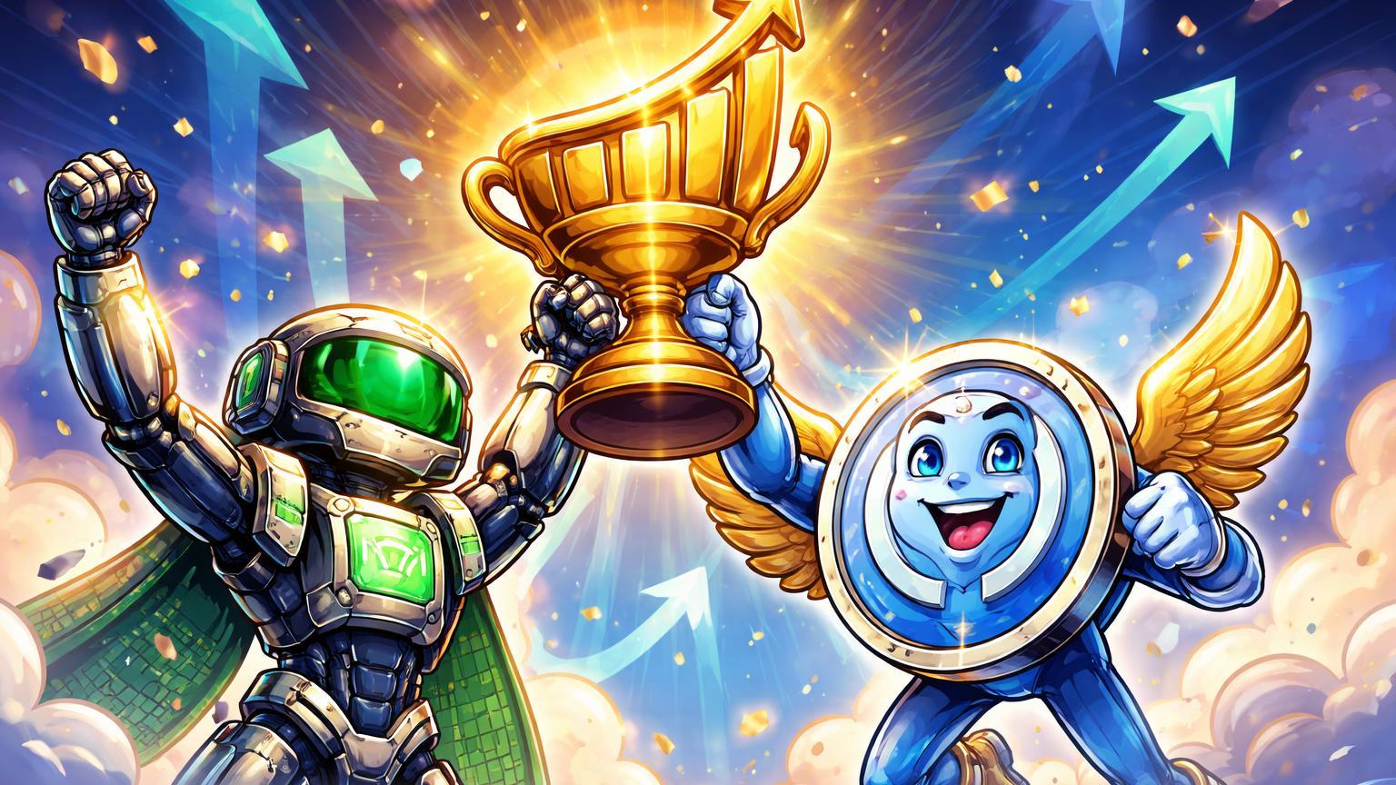 Personagens cartoon de robô Nvidia e moeda USDC erguendo troféu de recorde Q4, simbolizando otimismo para IA e stablecoins em cripto