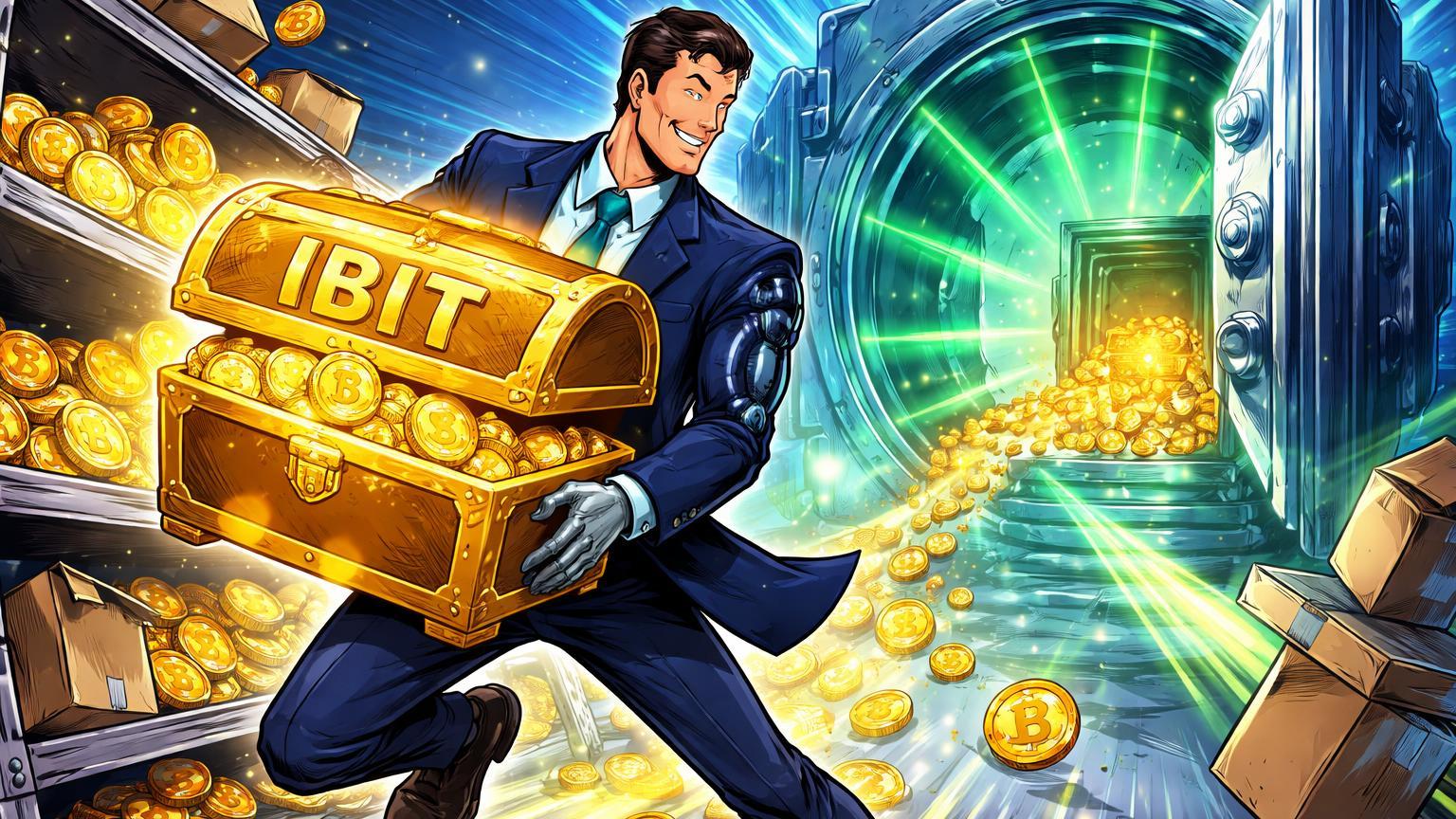 Executivo cartoon retirando baú BTC de prateleira instável de exchange para cofre IBIT, simbolizando transferência institucional e inflows recordes