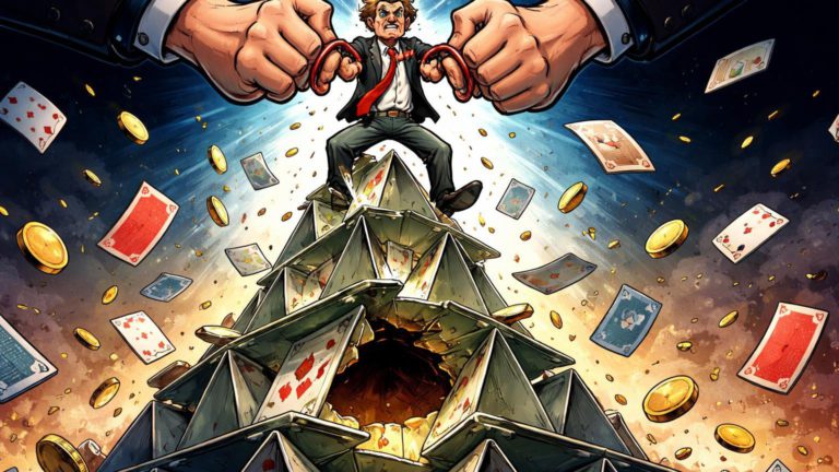 CEO cartoon algemado no topo de pirâmide Ponzi desmoronando, ilustrando esquema de fraude e prisão no mercado cripto