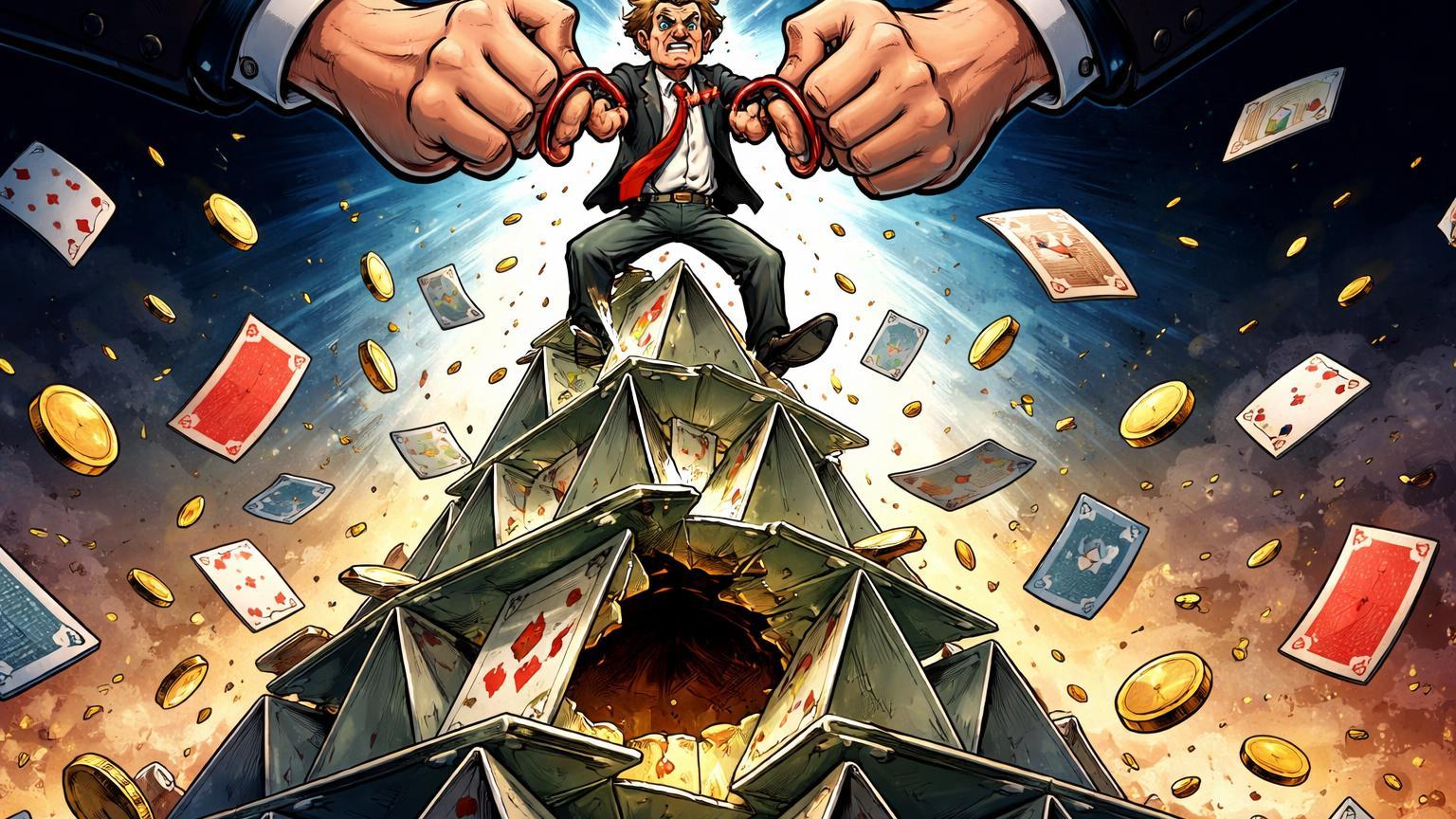 CEO cartoon algemado no topo de pirâmide Ponzi desmoronando, ilustrando esquema de fraude e prisão no mercado cripto