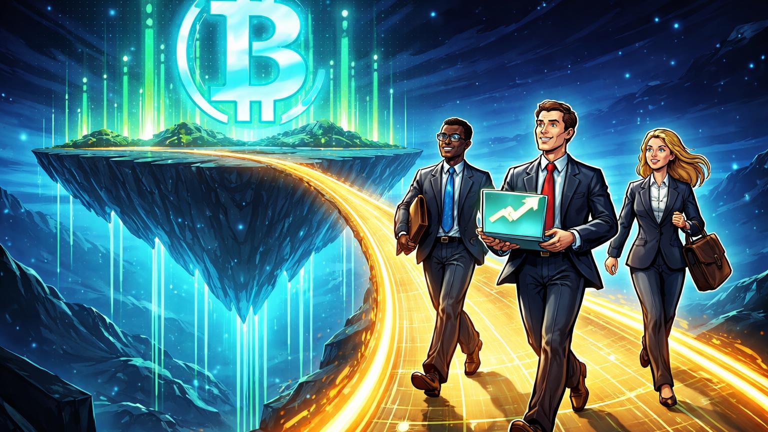Executivos institucionais cartoon cruzando ponte dourada para ilha Bitcoin com dados on-chain verdes ascendentes, simbolizando influxo recorde de US$ 506 mi em ETFs
