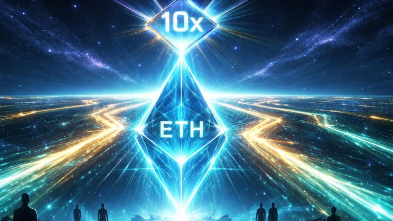 Rede cristalina Ethereum com 7 caminhos luminosos ramificados e '10x' holográfico, simbolizando Strawmap para rede 10x mais rápida até 2029