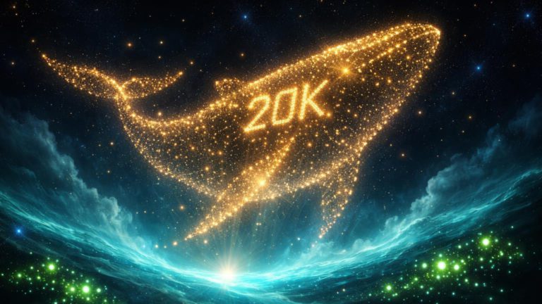 Constelação dourada de 20K estrelas formando silhueta de baleia no oceano digital, com clusters verdes de altcoins, simbolizando recorde de baleias Bitcoin