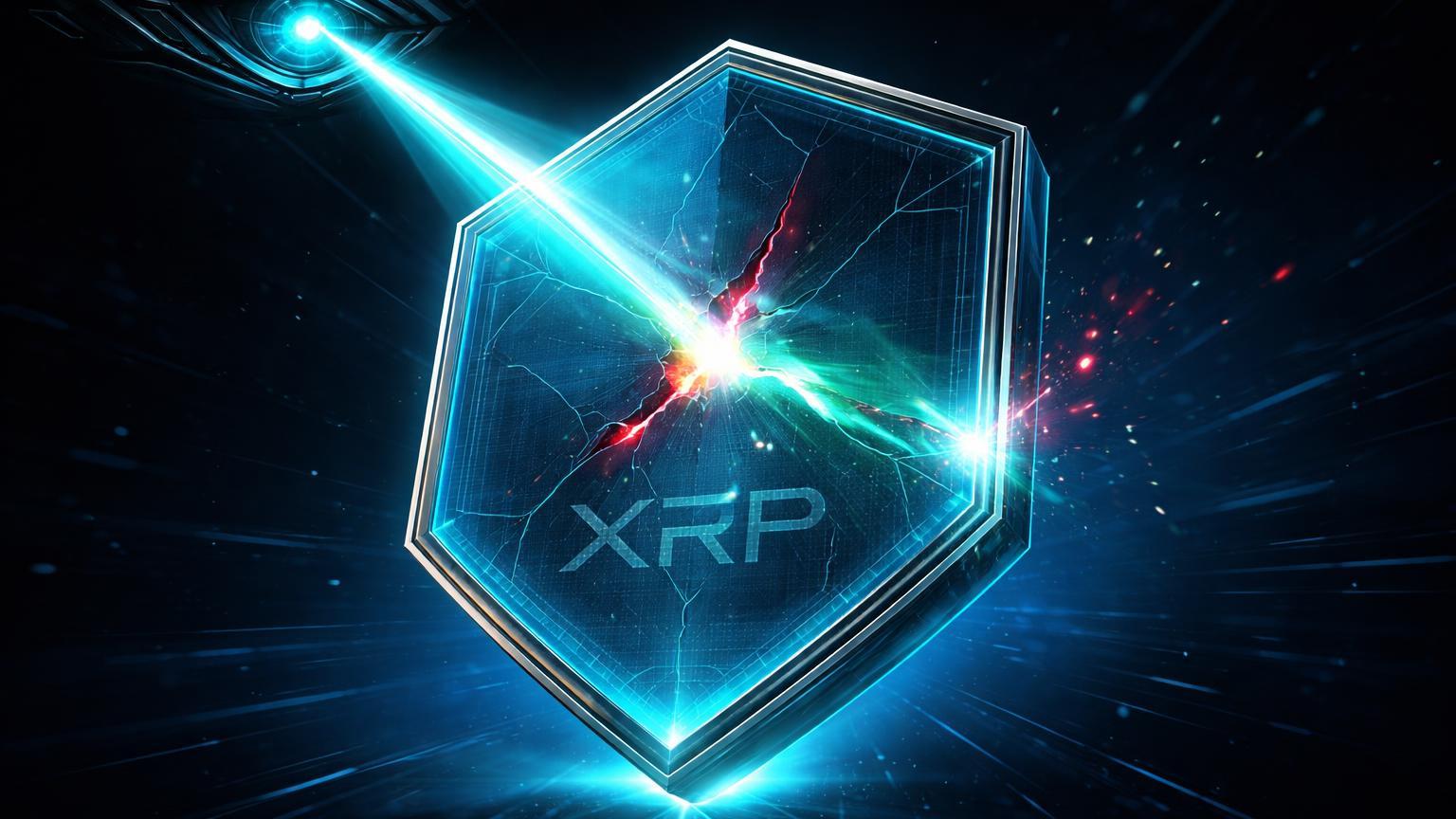 Olho IA cibernético selando rachadura vermelha em escudo XRP com feixe cyan, simbolizando detecção proativa de bug crítico no ledger