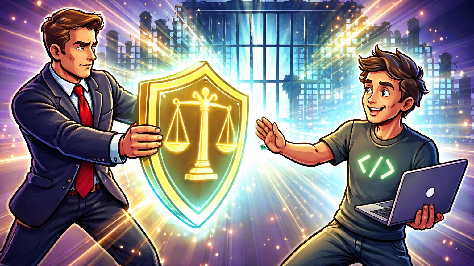 Legislador cartoon entregando escudo protetor a desenvolvedor de blockchain, com prisão se dissolvendo, simbolizando lei EUA contra prisões de devs