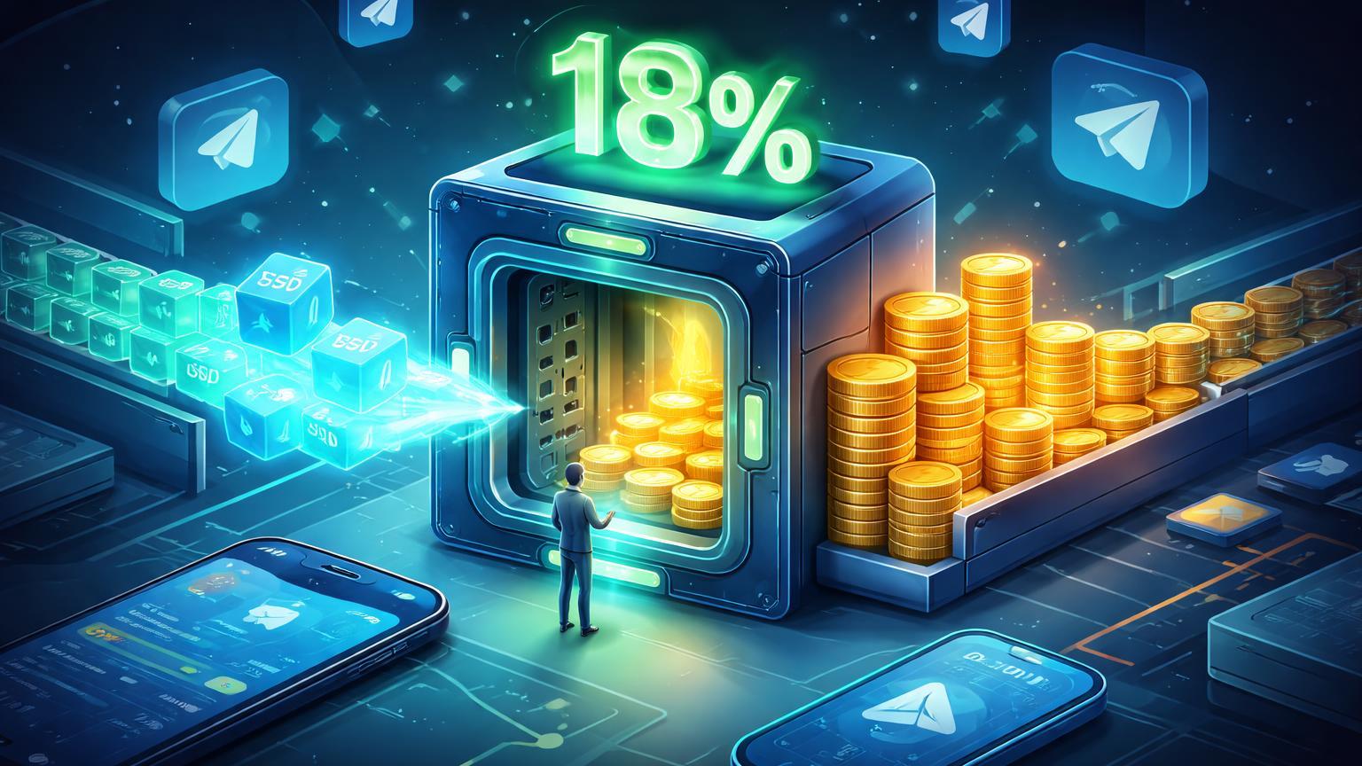 Vault DeFi isométrico na TON Wallet do Telegram com fluxo USDT para rendimento dourado e 18% APY, ilustrando renda passiva acessível