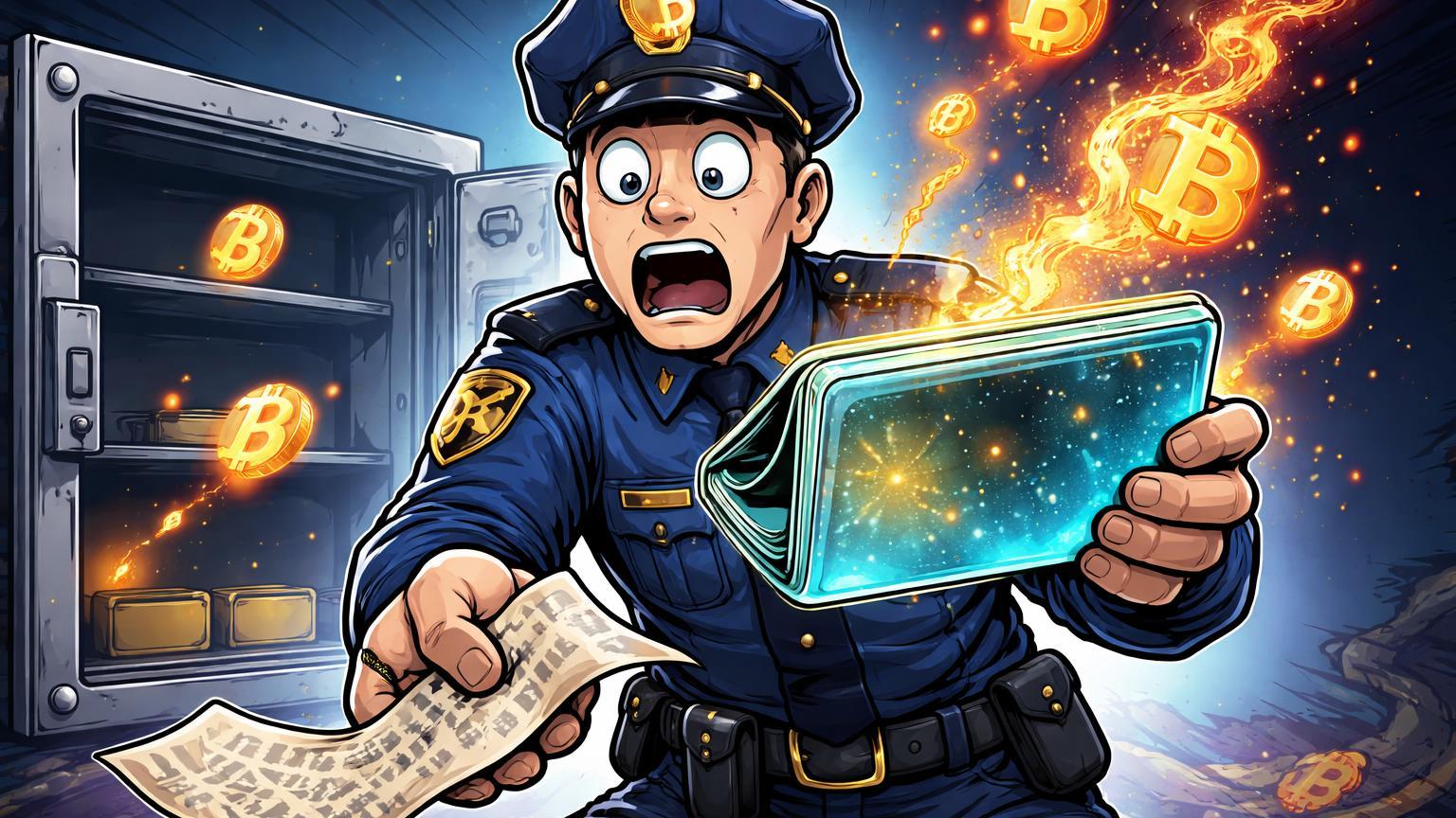 Policial cartoon em pânico com wallet vazia de Bitcoin e frase mnemônica caindo, simbolizando perda por custódia inadequada na Coreia do Sul