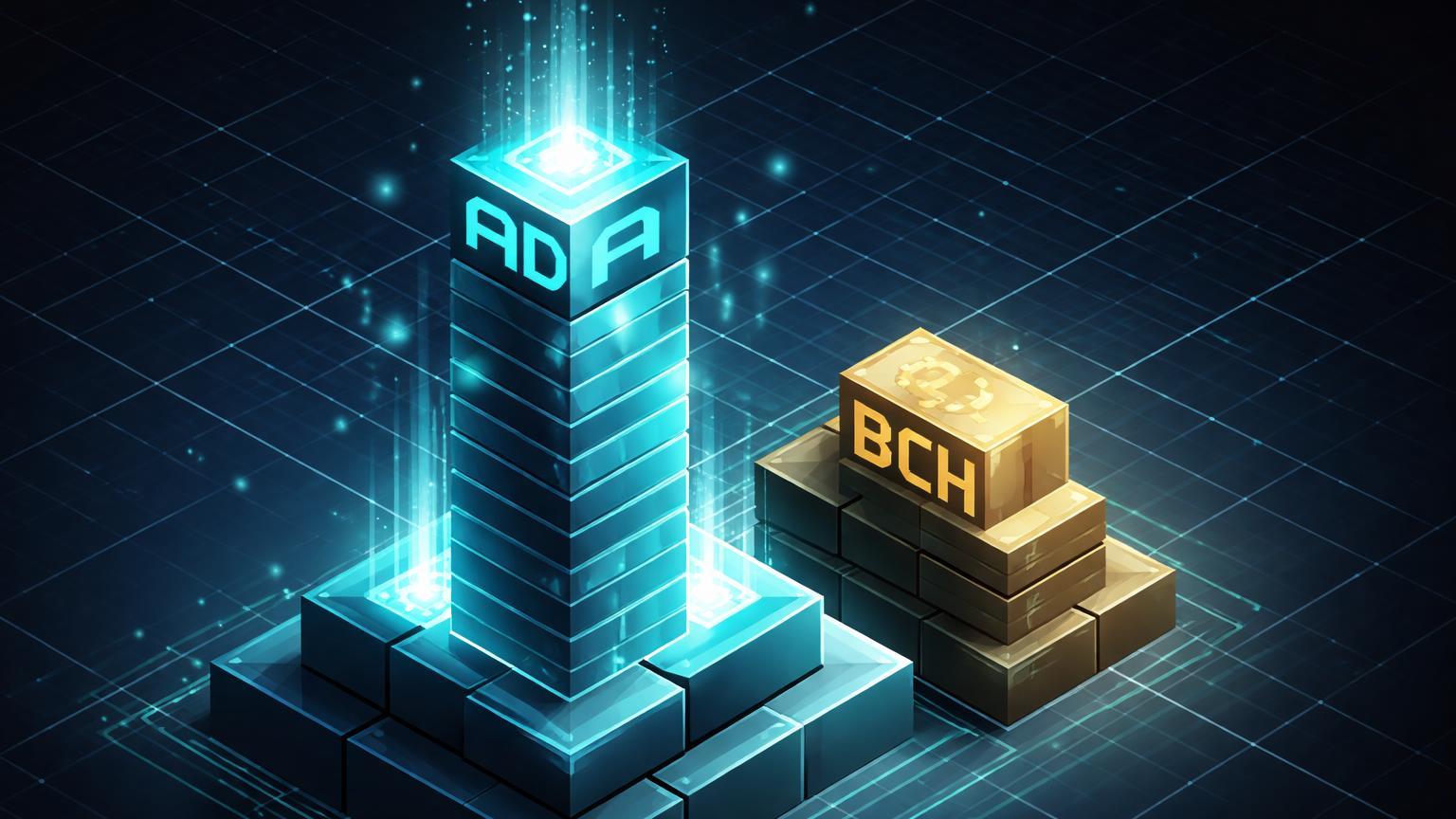Torre isométrica Cardano (ADA) superando Bitcoin Cash (BCH) em estrutura de market cap, com partículas ascendentes simbolizando alta de 19% e top 10