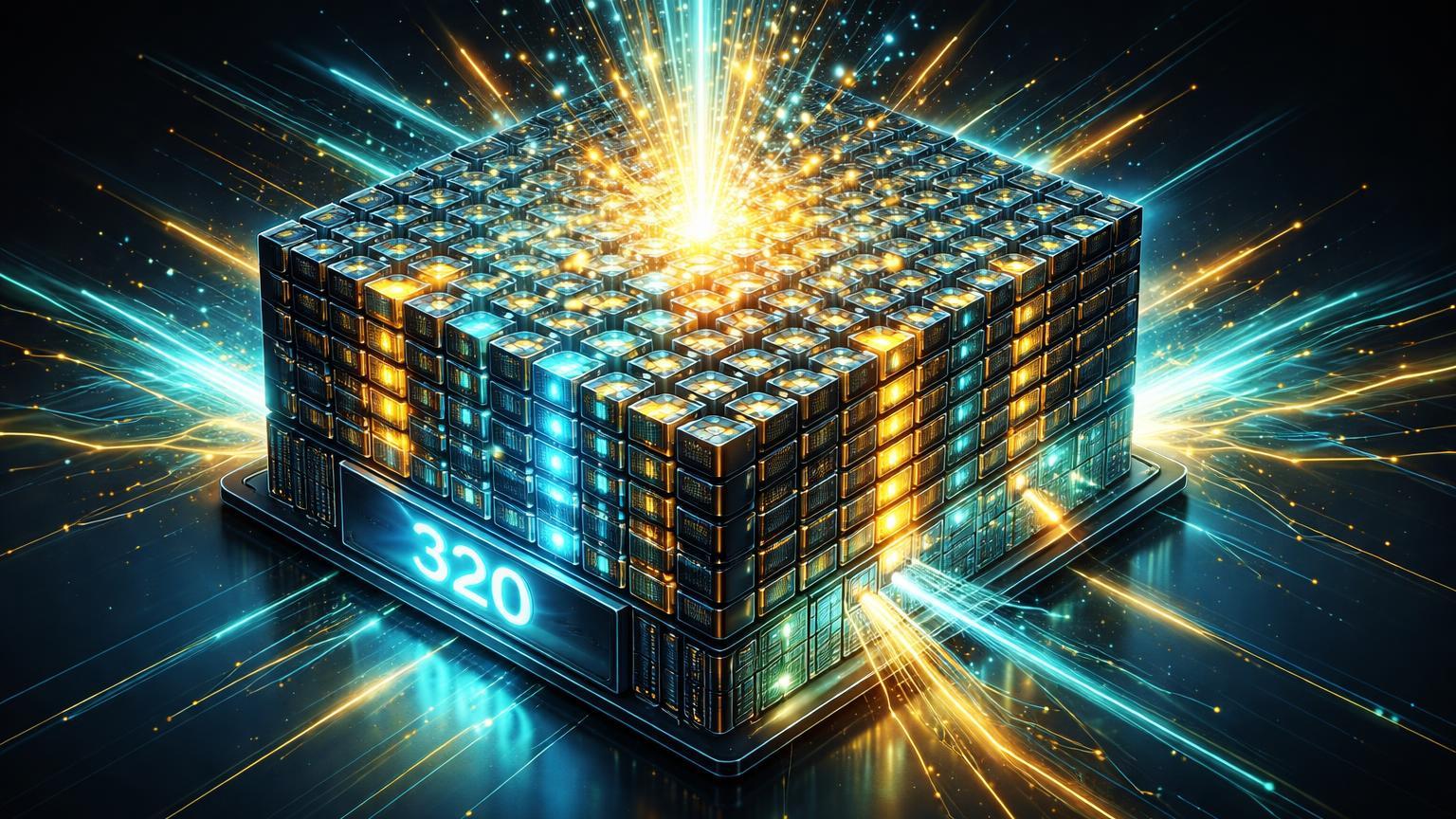 Rack de servidores isométrico com 320 nós luminosos pulsando energia cyan e dourada, simbolizando explosão de receita da Supermicro na era IA