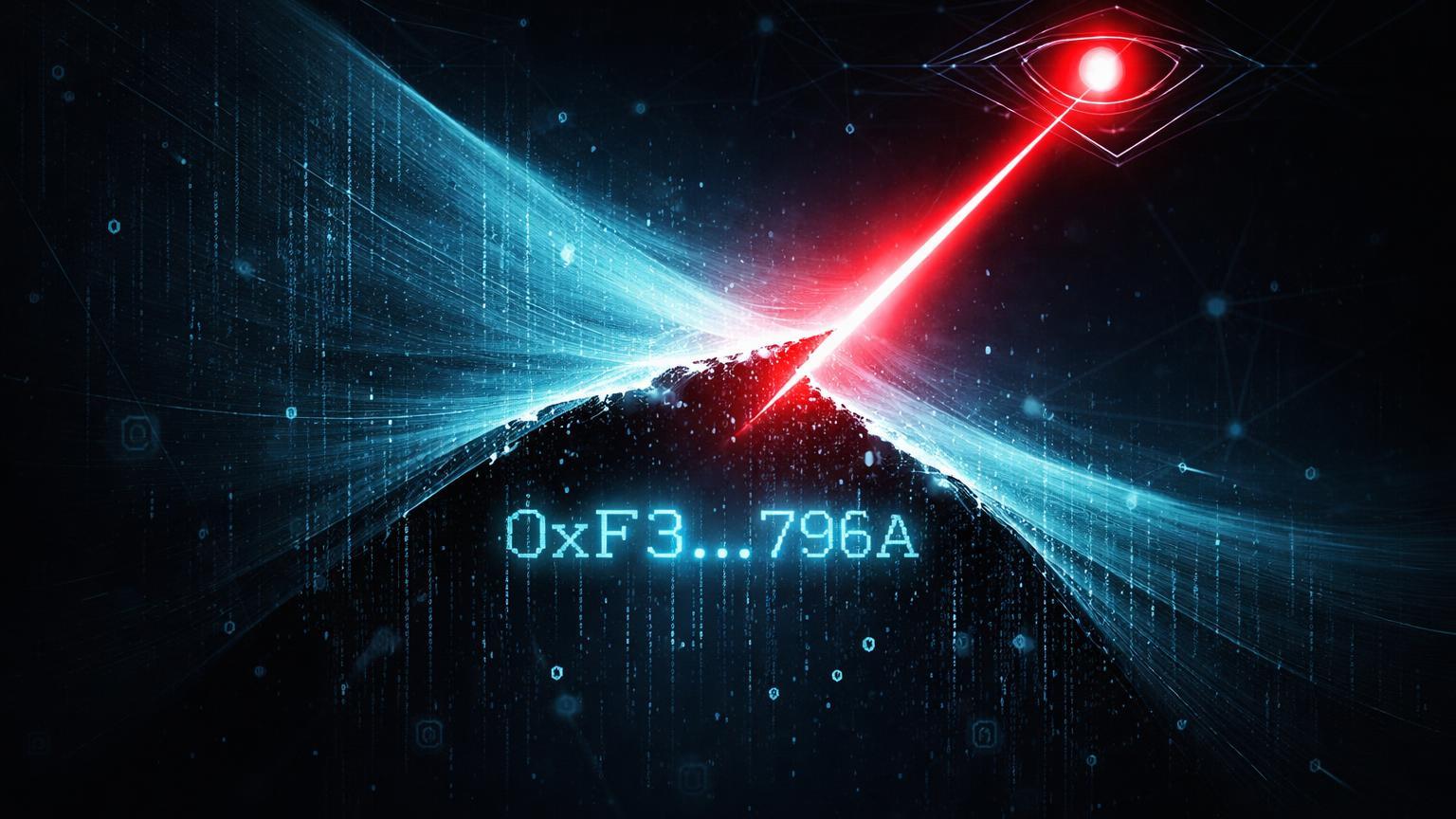 Véu de privacidade digital cyan rasgado por feixe vermelho de IA, revelando silhueta de carteira on-chain e riscos de exposição