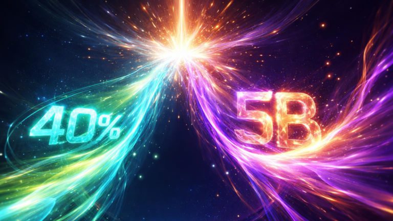 Fluxos de energia cyan-verde com 40% e roxo-dourado com 5B convergindo em explosão bullish, simbolizando alta da Circle e buyback do Baidu