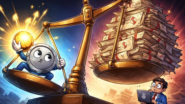 Balança cartoon com pilha de leis regulatórias esmagando stablecoin e sua fonte de yield, ilustrando proposta OCC contra rendimentos em stablecoins